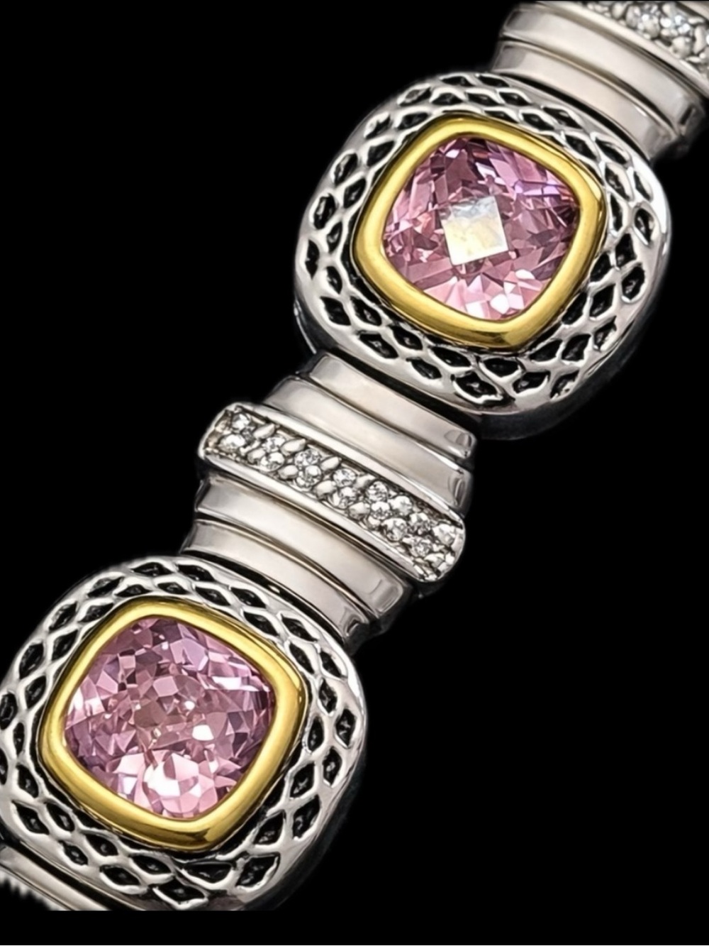 Large pink cushion cut silver black gold CZ designer statement tennis bracelet
